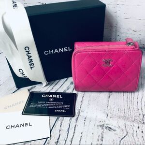 Chanel Matelasse Quilted Leather Pink Caviar Trifold Wallet CC Logo & Box/Card